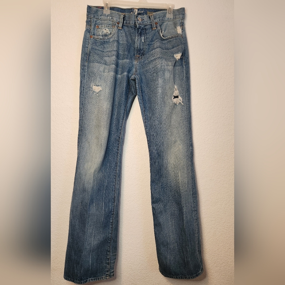 7 For All Mankind Bootcut Long Jeans Distressed Medium Wash Blue Jeans, Size 33